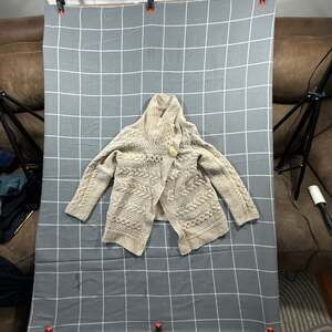 Inis Crafts Ireland 100% Merino Wool One-Button Shawl Collar Aran Cable Knit Car